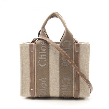 Chloe WOODY Small Shoulder Handbag canvas leather Beige Brown Used Women