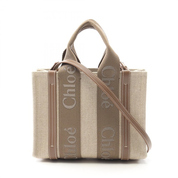Chloe WOODY Small Shoulder Handbag canvas leather Beige Brown Used Women