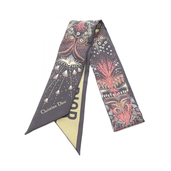 Christian Dior Mitza Twilly Scarf Silk Black Khaki Used Women 102cm