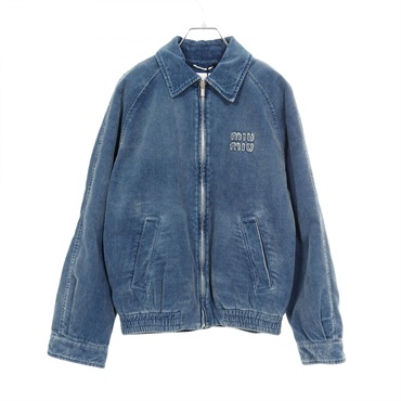 Miu Miu Washed Corduroy Blouson Denim Jacket with Zipper cotton Blue #38 Women