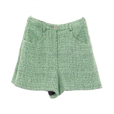 CHANEL COCO Mark Button Tweed Pants cotton Green Used Women size 38