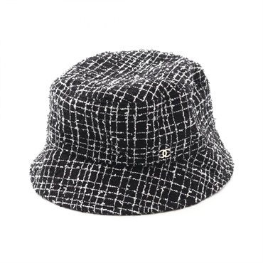 CHANEL CC Logo Hats Fabric Black White Used Women Head circumference 62cm COCO