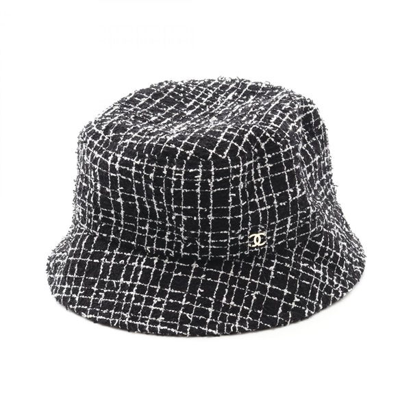 CHANEL CC Logo Hats Fabric Black White Used Women Head circumference 62cm COCO
