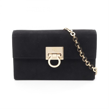 Salvatore Ferragamo Gancini chain crossbody Shoulder Bag Suede Black Used Women