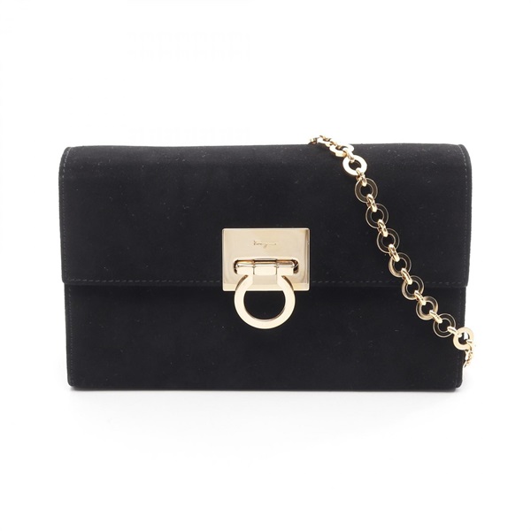 Salvatore Ferragamo Gancini chain crossbody Shoulder Bag Suede Black Used Women