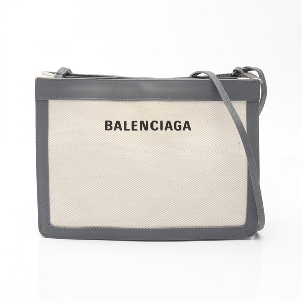 BALENCIAGA Navy Pochette Shoulder Bag 339937 canvas leather Beige Gray Used
