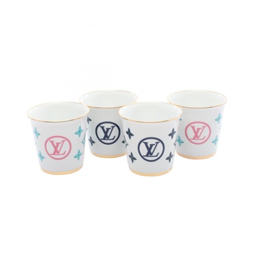 LOUIS VUITTON Set of 4 Goblet Monogram Cups Tableware Pottery White Used LV