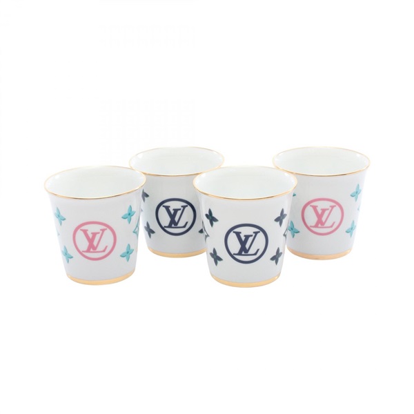 LOUIS VUITTON Set of 4 Goblet Monogram Cups Tableware Pottery White Used LV
