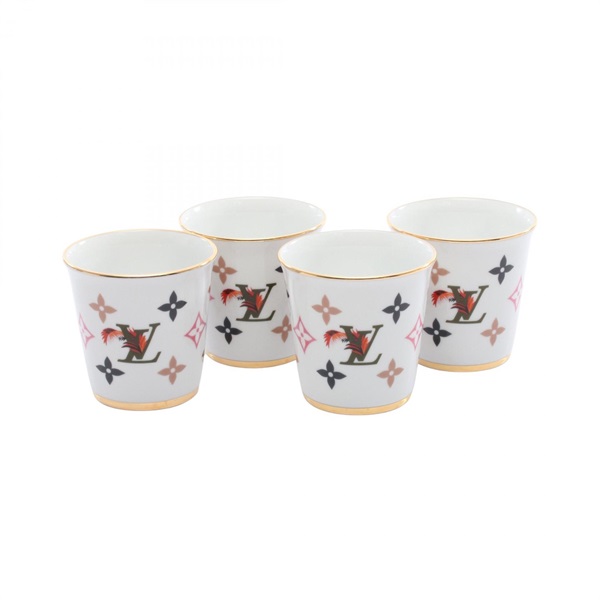 LOUIS VUITTON Set 4 Goblet Monogram Tableware Pottery White Used unisex LV