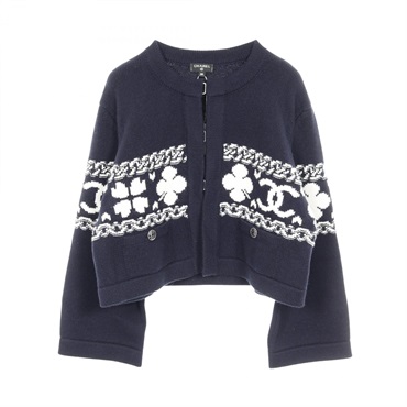 CHANEL COCO Mark cardigan knitwear sweater cashmere cotton Navy Used Women #38