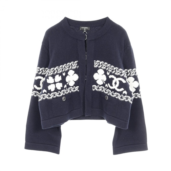 CHANEL COCO Mark cardigan knitwear sweater cashmere cotton Navy Used Women #38