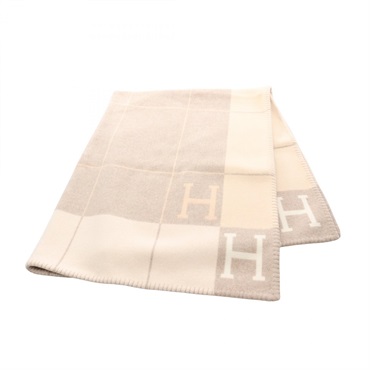 HERMES Plaid Avalon III Coco Chamomile Blanket wool cashmere Beige Used unisex