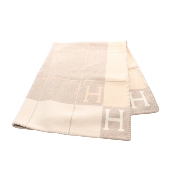 HERMES Plaid Avalon III Coco Chamomile Blanket wool cashmere Beige Used unisex
