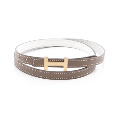 HERMES Focus H Belt ceinture 80cm leather Brown White Etoupe Grey Used Women