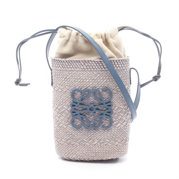 LOEWE Square pocket Shoulder Crossbody Pouch Bag leather Raffia Blue Used Women