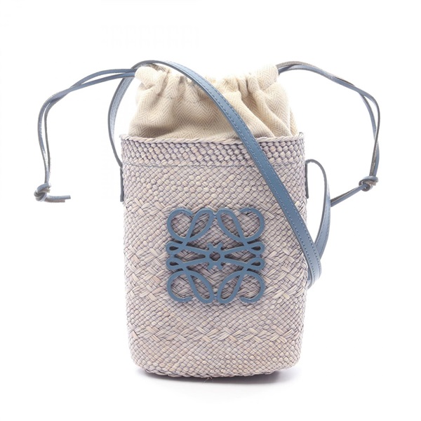 LOEWE Square pocket Shoulder Crossbody Pouch Bag leather Raffia Blue Used Women