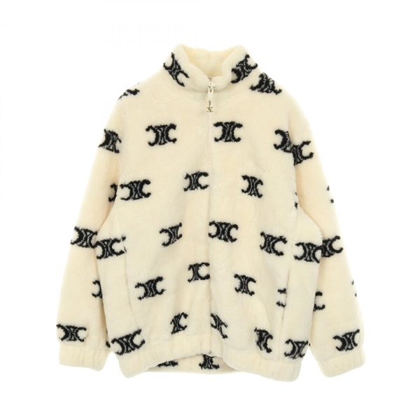 CELINE Triomphe eco-fur zip-up Jacket 2Y983389U wool Nylon Beige Black Used XS