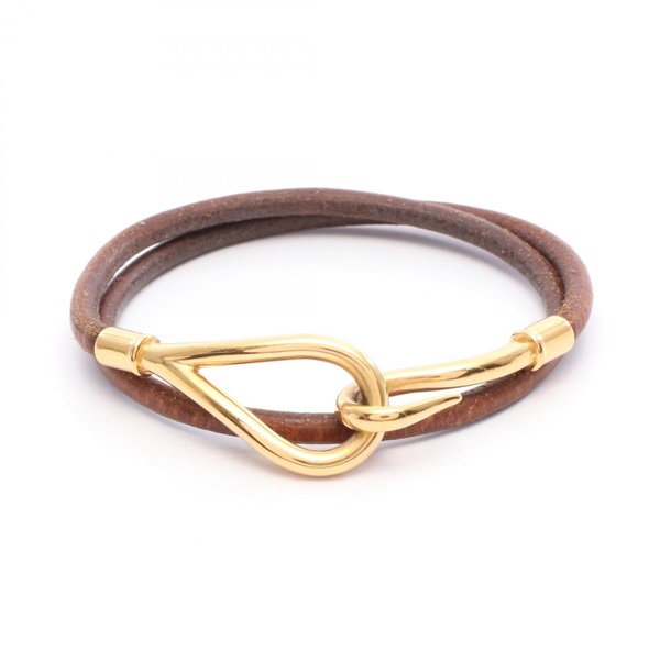 HERMES Jumbo Choker Bracelet Bangle 17.5cm leather Gold Plated Brown Used Women