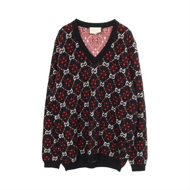 GUCCI GG pattern knitwear sweater wool alpaca Black Red White Used mens size XL