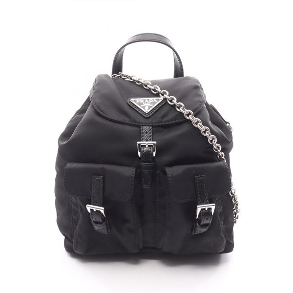 PRADA Chain Shoulder Crossbody Handbag 1BH029 Nylon Saffiano leather Black Used