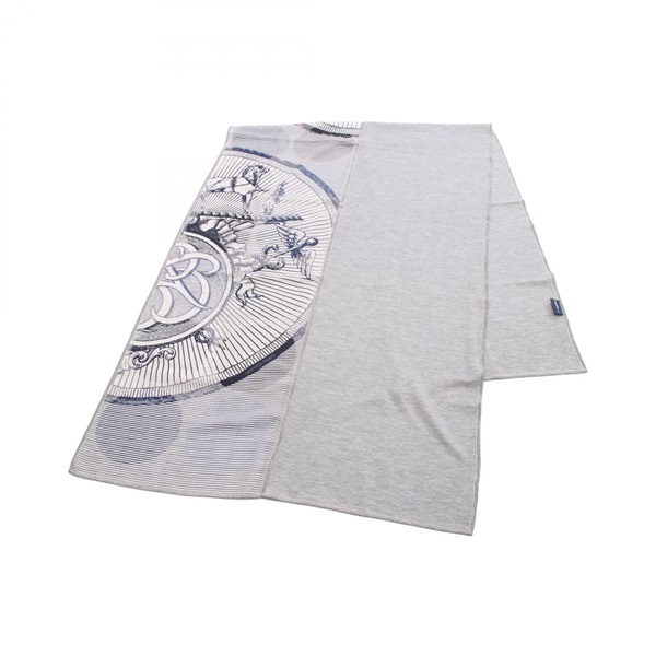 HERMES EX LIBRIS Stole scarf wrap shawl silk cashmere Gray Navy Used Women
