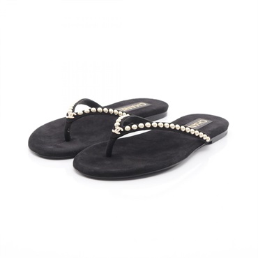 CHANEL COCO Mark artificial Pearl Sandals #37.5C shoes Suede Black Women