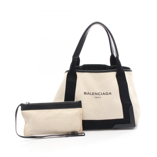 BALENCIAGA NAVY CABAS S Tote Bag 339933 canvas leather Beige Black Used Women