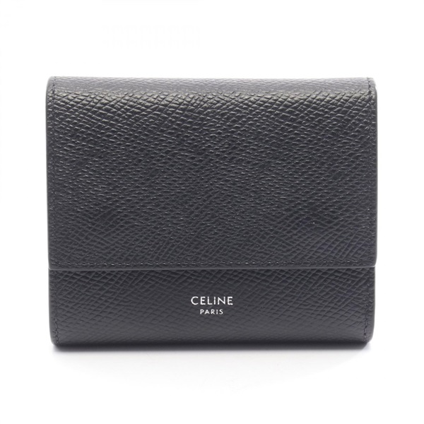 CELINE Small Tri-fold wallet 10B573 leather Black Used Women logo