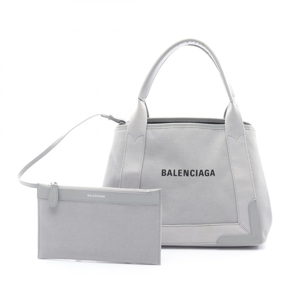 BALENCIAGA NAVY CABAS S Tote Handbag 339933 canvas leather Gray Used Women