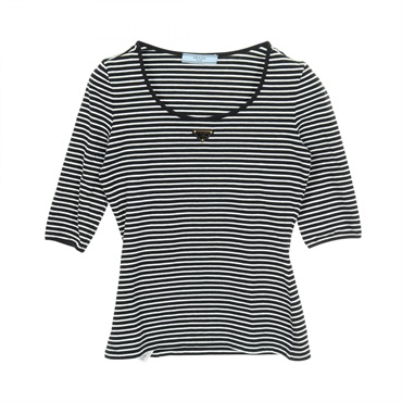 PRADA Striped Triangle Logo Jersey top T-shirt cotton Black White #38 Used Women