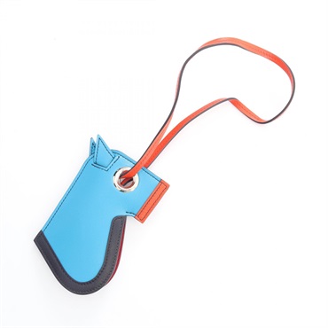 HERMES Camille charm Tadelakt leather Orange poppy Blue zanzibar Used SHW A