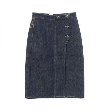 HERMES Sellier button skirt #34 cotton denim Navy Used Women