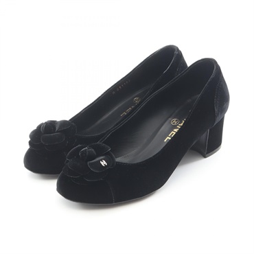 CHANEL Camellia COCO Mark heel pumps shoes G31132 Fabric Black Used #36 1/2 CC