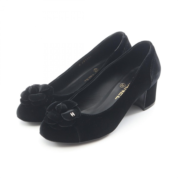 CHANEL Camellia COCO Mark heel pumps shoes G31132 Fabric Black Used #36 1/2 CC