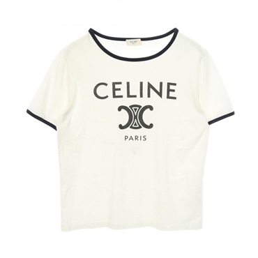 CELINE Triomphe Cotton Jersey T-shirt cotton White Navy #L Used Women