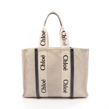 Chloe WOODY Large Tote Bag CHC21US382E6691J canvas leather Beige Navy Used logo