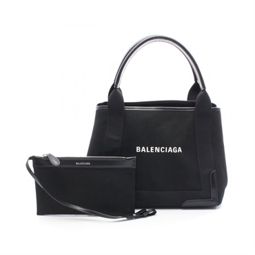 BALENCIAGA NAVY CABAS S Tote Handbag 339933 canvas leather Black Used Women