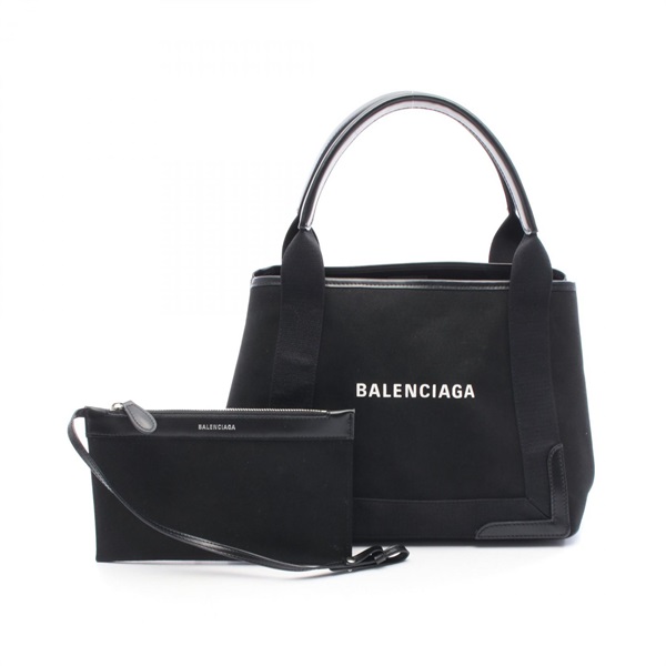 BALENCIAGA NAVY CABAS S Tote Handbag 339933 canvas leather Black Used Women