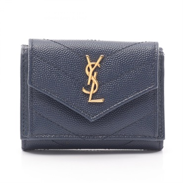 SAINT LAURENT PARIS Monogram Tiny Tri-fold Wallet purse 505118 leather Navy Used