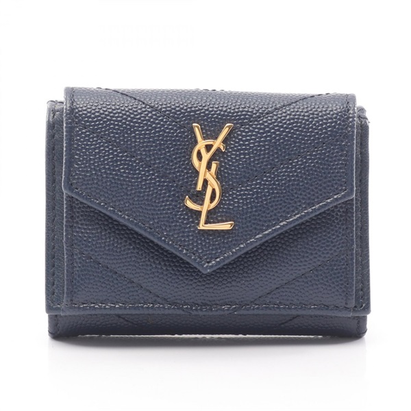 SAINT LAURENT PARIS Monogram Tiny Tri-fold Wallet purse 505118 leather Navy Used