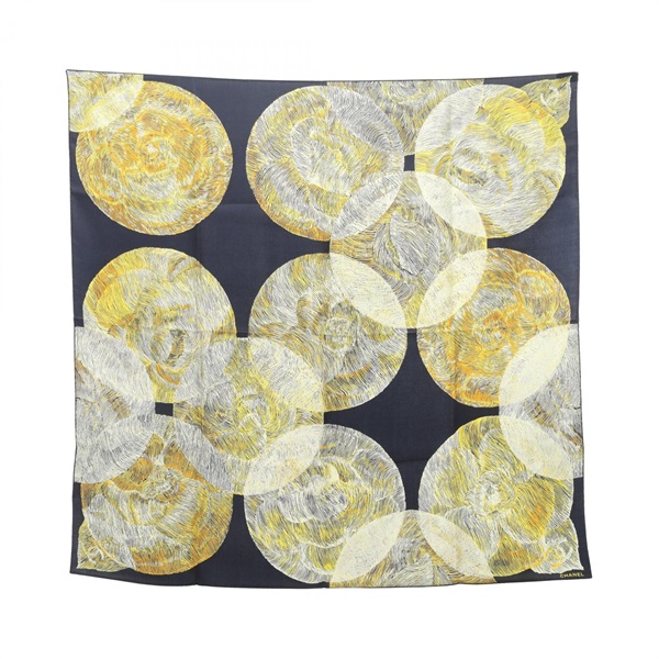 CHANEL Camellia COCO Mark Scarf echarpe wrap silk Navy Yellow Used Women