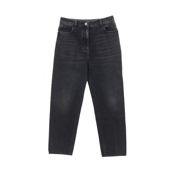CHANEL Camellia button Denim long pants trousers #38 cotton Black Used Women CC
