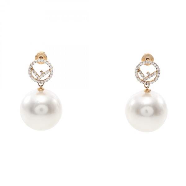 FENDI F is Pierced earrings Gold Plated Artificial pearl rhinestone Used