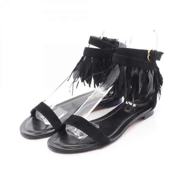 TOD'S Fringe Sandals Shoes #35 1/2 Suede Black Used Women