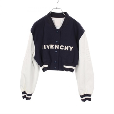 GIVENCHY Logo Blouson Jacket wool leather Navy White Used Women #40
