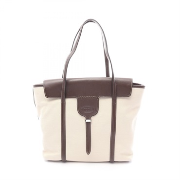 TOD'S New Joy Tote Shoulder Bag canvas leather Beige Brown Used Women