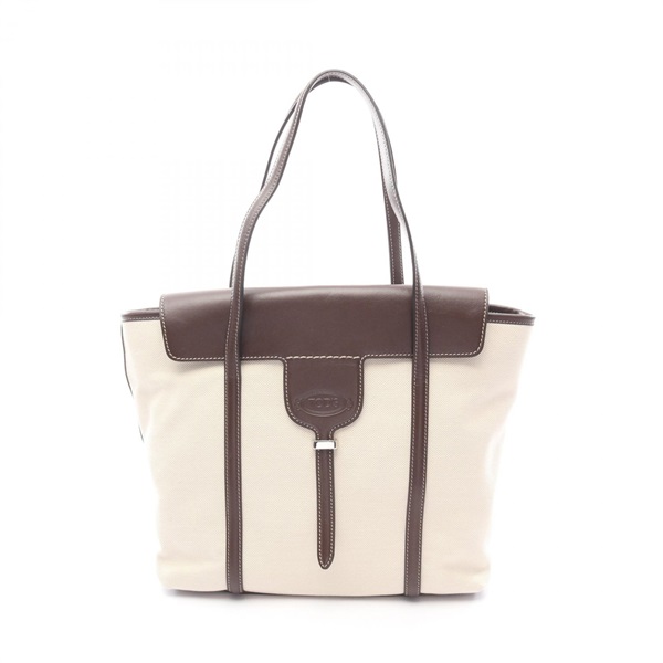 TOD'S New Joy Tote Shoulder Bag canvas leather Beige Brown Used Women
