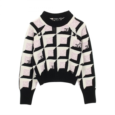 CHANEL COCO Mark knit cashmere Black White Purple #38 Used Women CC