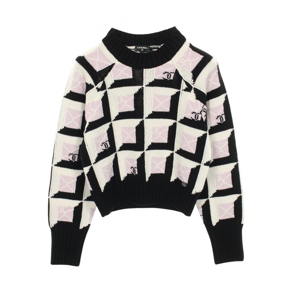 CHANEL COCO Mark knit cashmere Black White Purple #38 Used Women CC