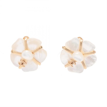 CHANEL COCO Mark Camelia Earring Gold Plated shell White Used CC